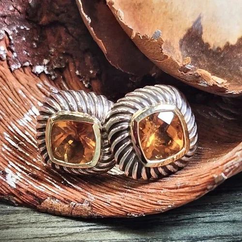 David Yurman Citrine Albion Cable Stud Earrings Sterling Silver 14K Yellow Gold