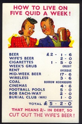 Vintage Bamforth Comic Postkarte: Wie man von fünf Pfund pro Woche lebt! Gratis Versand