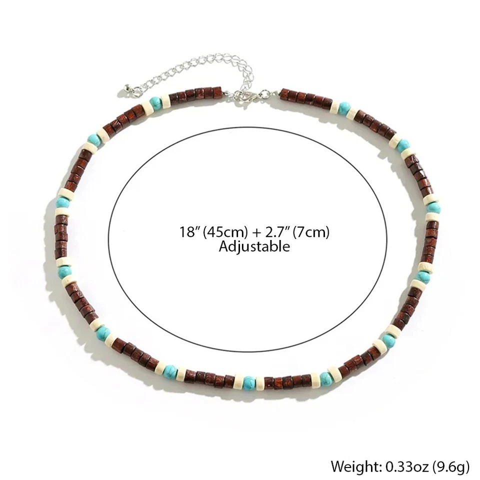 Collar de surfista bohemio para hombres - Cuentas de madera y turquesa, ajustables 18"+2.7" Foto 4 de 4