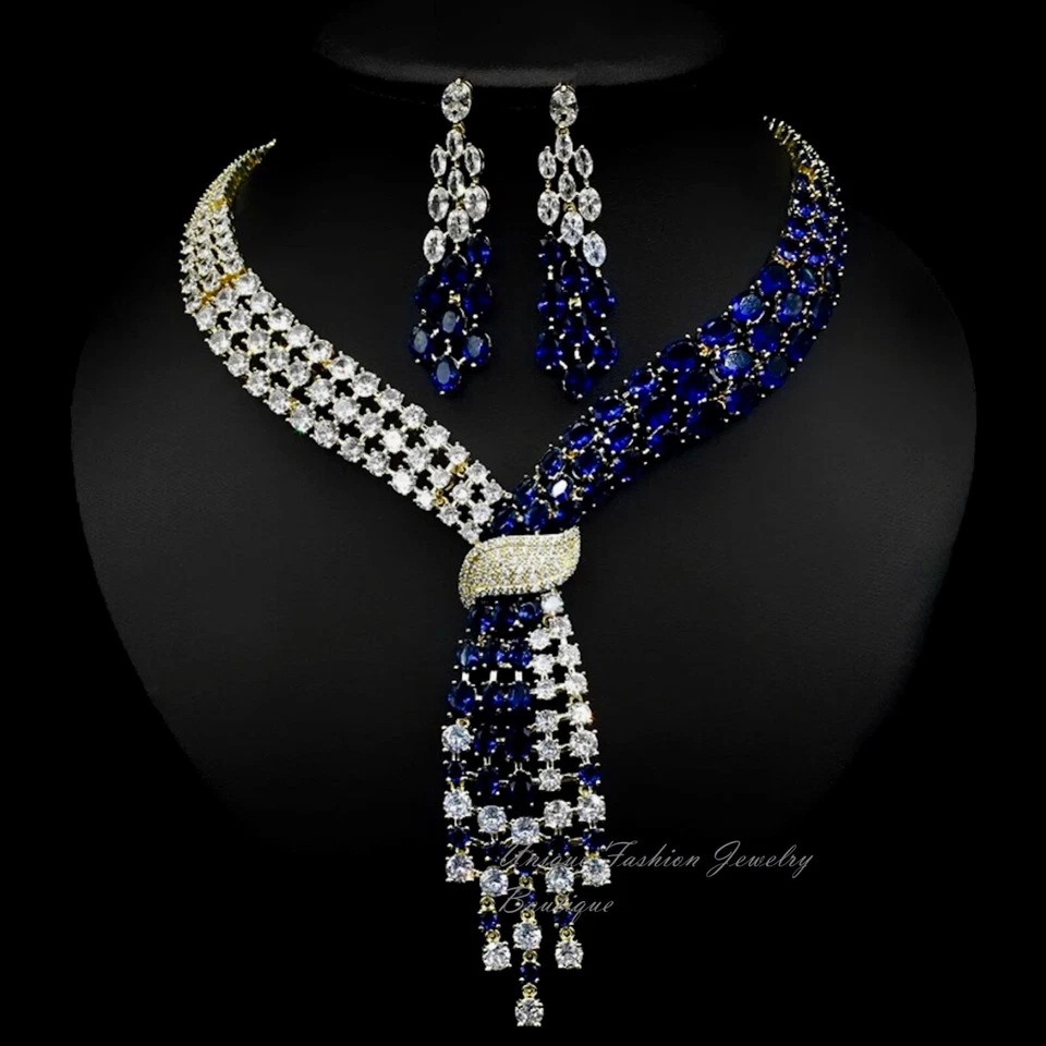 Precioso conjunto de aretes collar zafiro azul creados en laboratorio rellenos de oro de 18k Foto 2 de 4