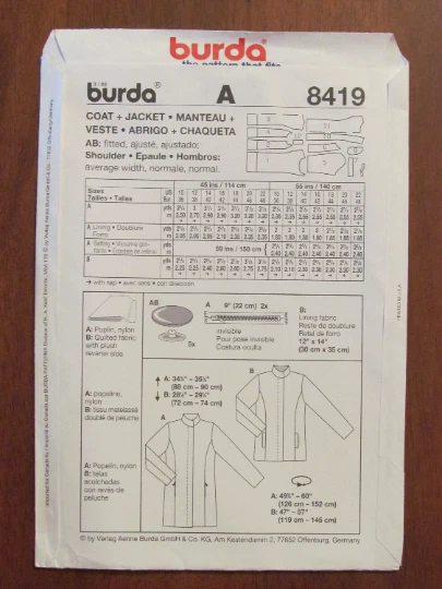 BURDA PATTERN - 8419 LADIES LINED JACKET COAT CONCEALED PLACKET 10-22 UNCUT - Image 2 of 2