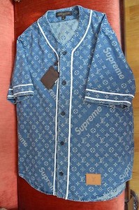 LOUIS VUITTON x SUPREME Monogram Blue Jacquard Denim Baseball Jersey Shirt Large | eBay