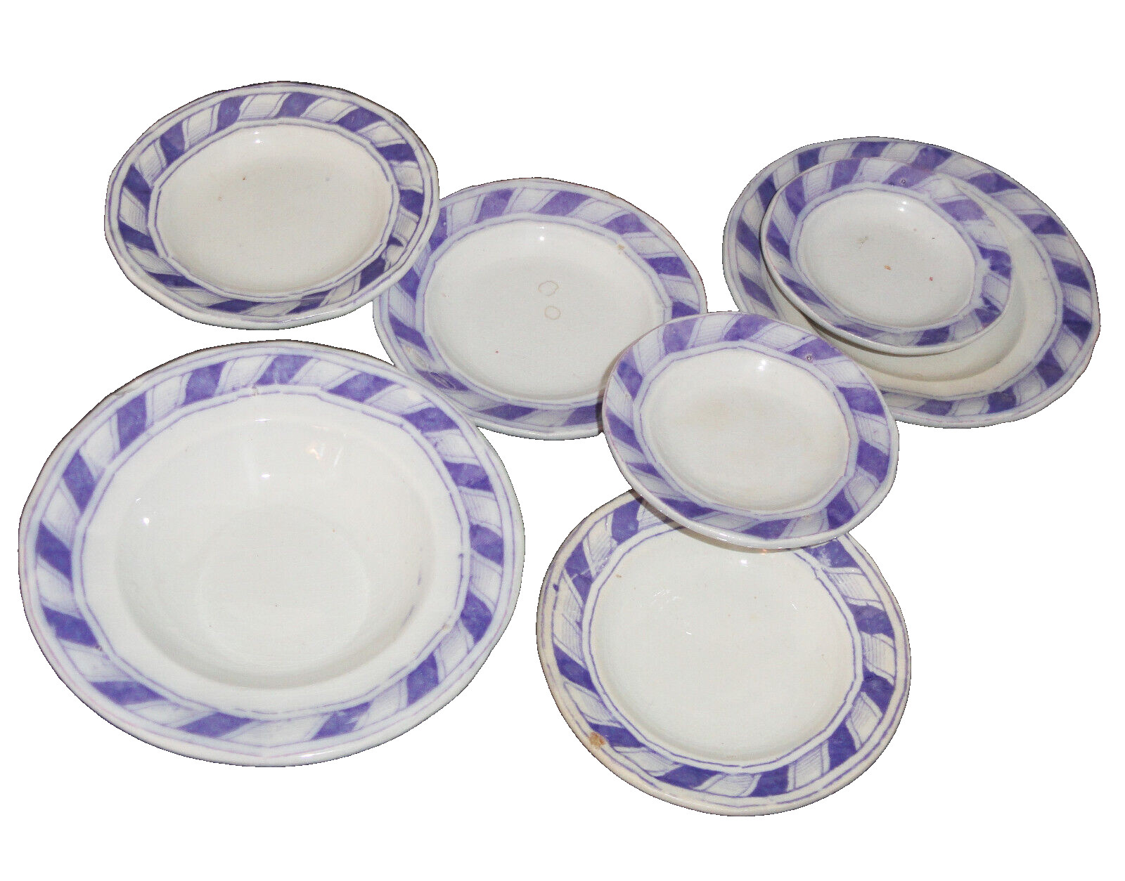 Set of 7 Staffordshire Childs Toy Dinner Set Plates Purple Ironstone STRIPE 1820
