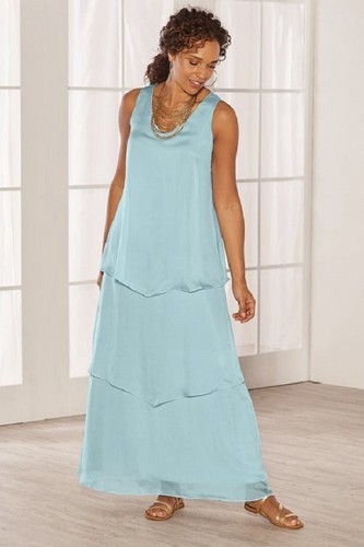 $148 Soft Surroundings Whisper Blue Silk Tiered Tulipe Maxi Dress S NEW  S435 | eBay