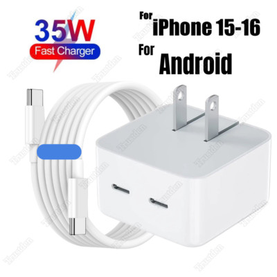 35W Dual USB-C Port Power Block PD USB-C to USB-C Charger Cord For iPhone 15 16