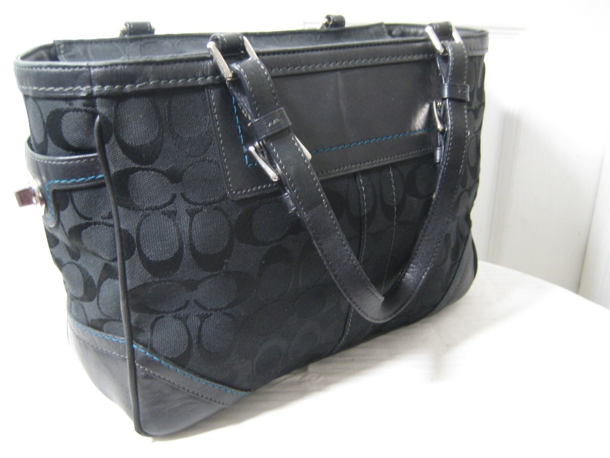 Coach 8k49 Black Signature Jacquard Leather Trim Medium Tote Bag