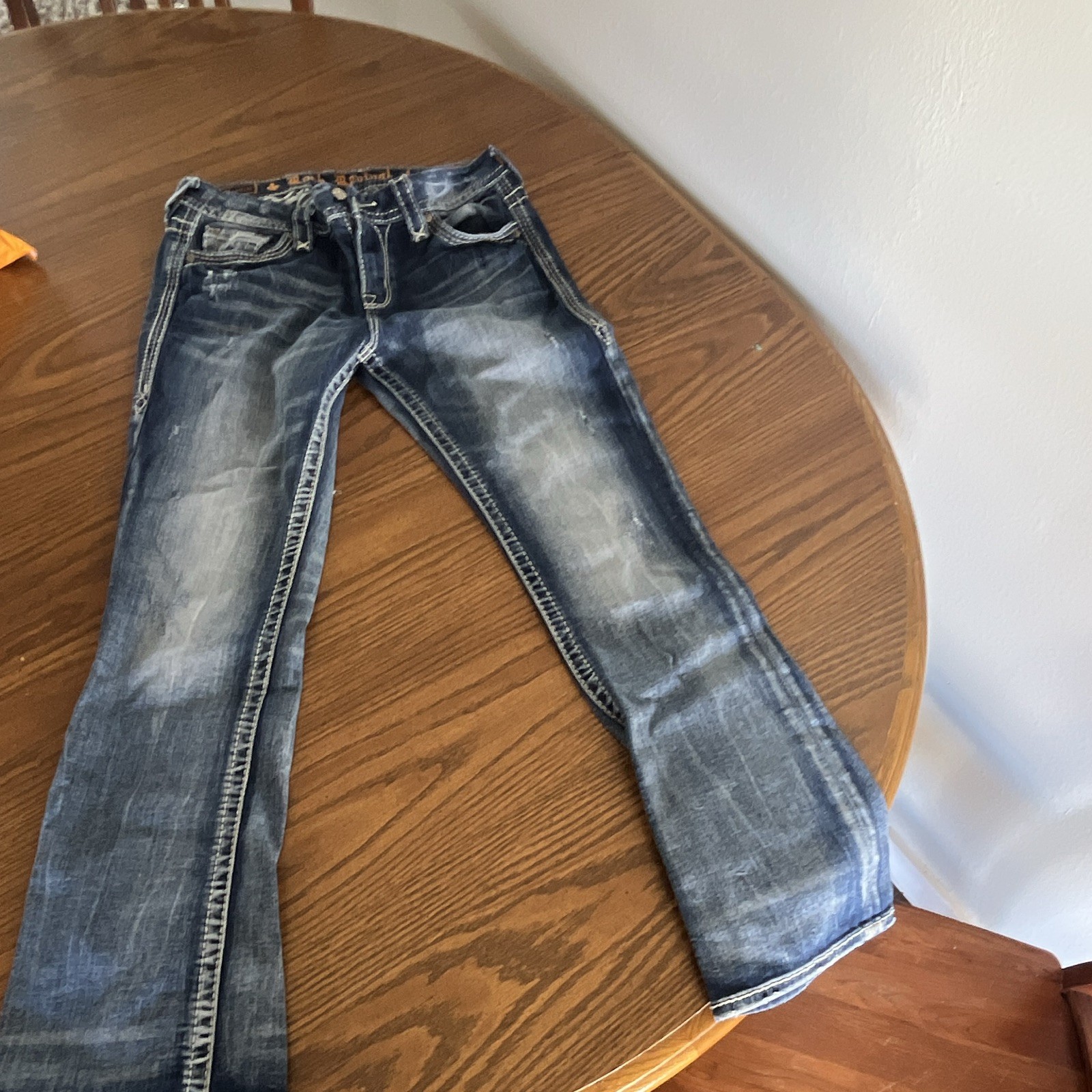 Women's Blue Medium Wash Distressed Bootcut Denim Jeans Mid Rise 5-Pocket