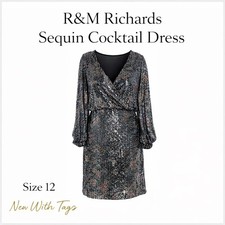 NWT R M Richards Sequin Cocktail Dress 12 Black Multicolor V-Neck Long Sleeve