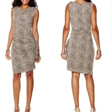 BETSEY JOHNSON Leopard Print Midi Dress Size 6 Sheath Ruched Sleeveless Classic