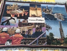 Vtg Conoco Phillips Oil And Gas Throw Blanket Woven Tapestry Oil Rig 47x64 READ!