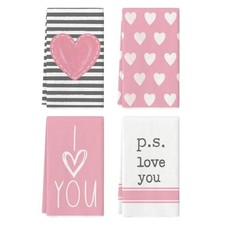 Heart Stripe I Love You Valentine's Kitchen Towels Dish Towels, 18" x 26" Pink