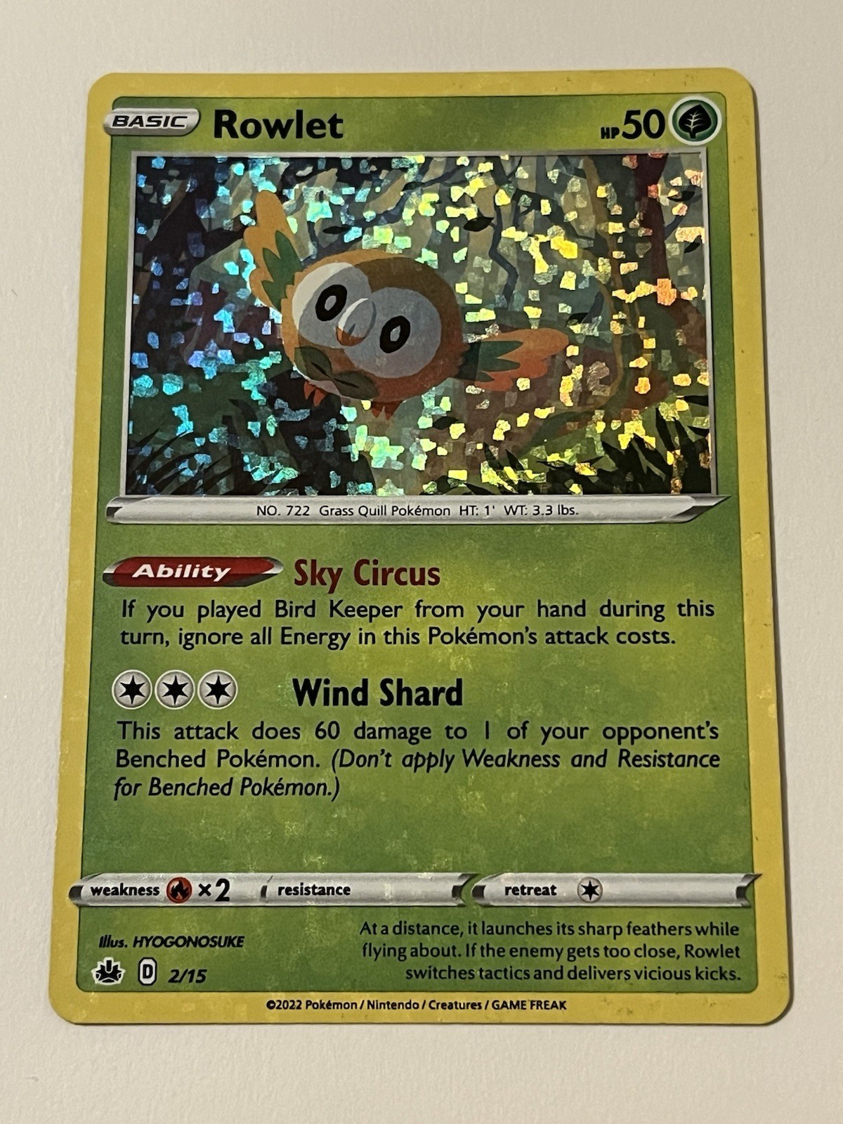 Rowlet HOLO # 2 / 15 Pokemon Card Owl 2022 Rare near MINT +