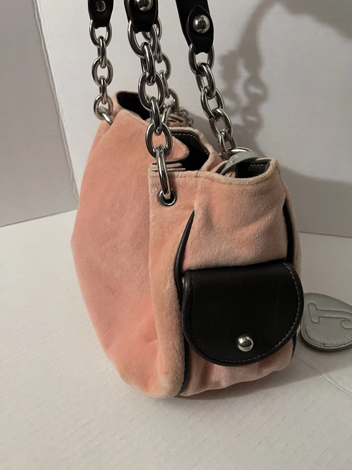 Bolso de mano de terciopelo Y2K RARO JUICY COUTURE rosa/marrón cadena asas encanto Foto 4 de 4
