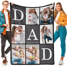 Custom 4 Photo Grid Fleece Blanket for Dad Personalized Throw Fathers Day Gift❀