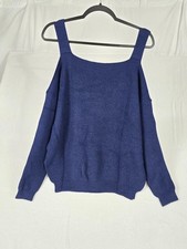 Cold Shoulder Sweater Women Small Dark Blue Pullover Off Shoulder Long Sleeve