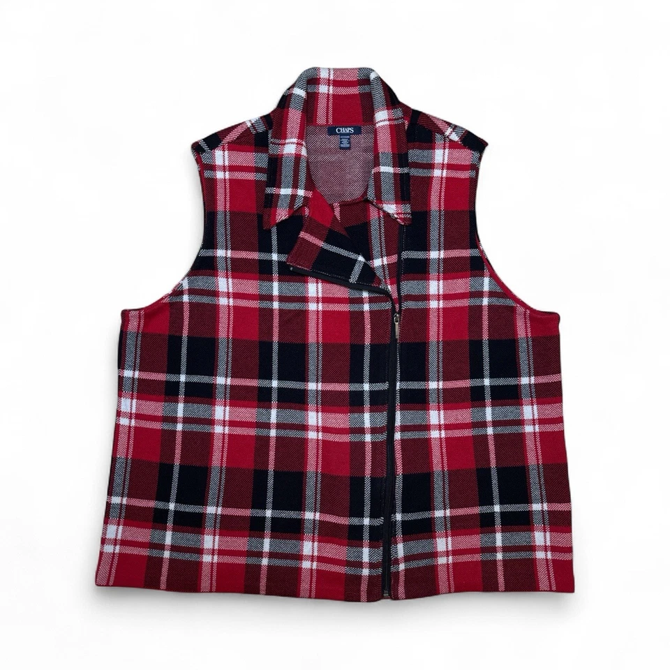 Chaleco Chaps Rojo Negro Tartán Cuadros Cremallera Frontal Talla 2X 100% Algodón Capas Clásicas Foto 3 de 4