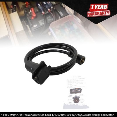7 Way 7 Pin Trailer Extension Cord 4/6/8/10/12FT w/ Plug Double Prongs Connector