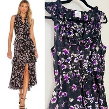 MISA Caterine Modern Bohemian Romantic Feminine Ruffle Black Floral Midi Dress M
