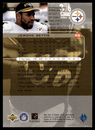 Jerome Bettis 1998 SP Authentic #106 Pittsburgh Steelers - Picture 2 of 2