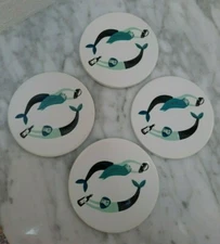 Danica ~ Now Designs ~ Mermaid Merman White Set Of 4 Ceramic Coasters 