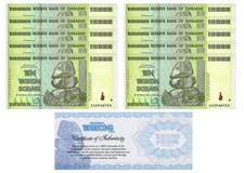 10 Zimbabwe 10 Trillion, AA/2008, P-88, CoA USA Circulated 100 Trillion  Series