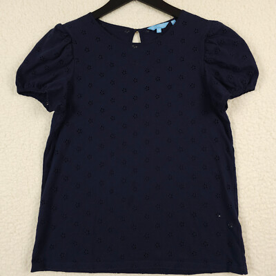 Draper James Shirt Womens Small Blue Eyelet Puff Sleeve Keyhole Neck Blouse Top