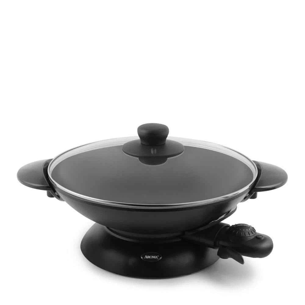Aroma Electric Wok 5 Qt. Black Cast Metal Nonstick Lid Adjustable Temperature