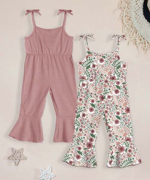 Little Sun Apparel Green & Pink Floral Tie-Strap Flare-Hem Jumpsuit Set (6Y)