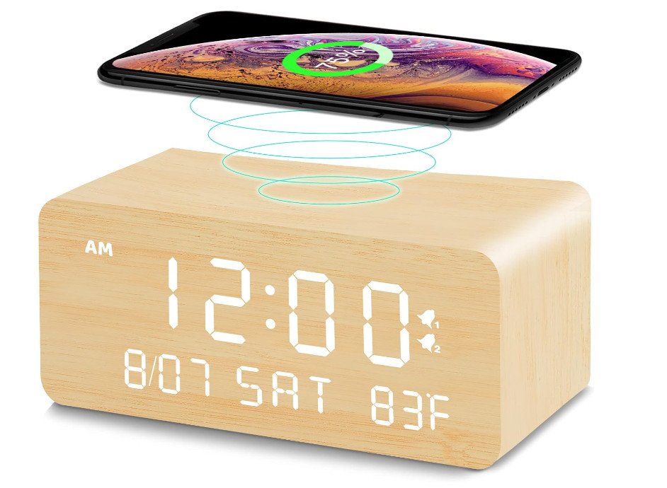 Andoolex Wooden Digital Alarm Clock with Wireless Charging
