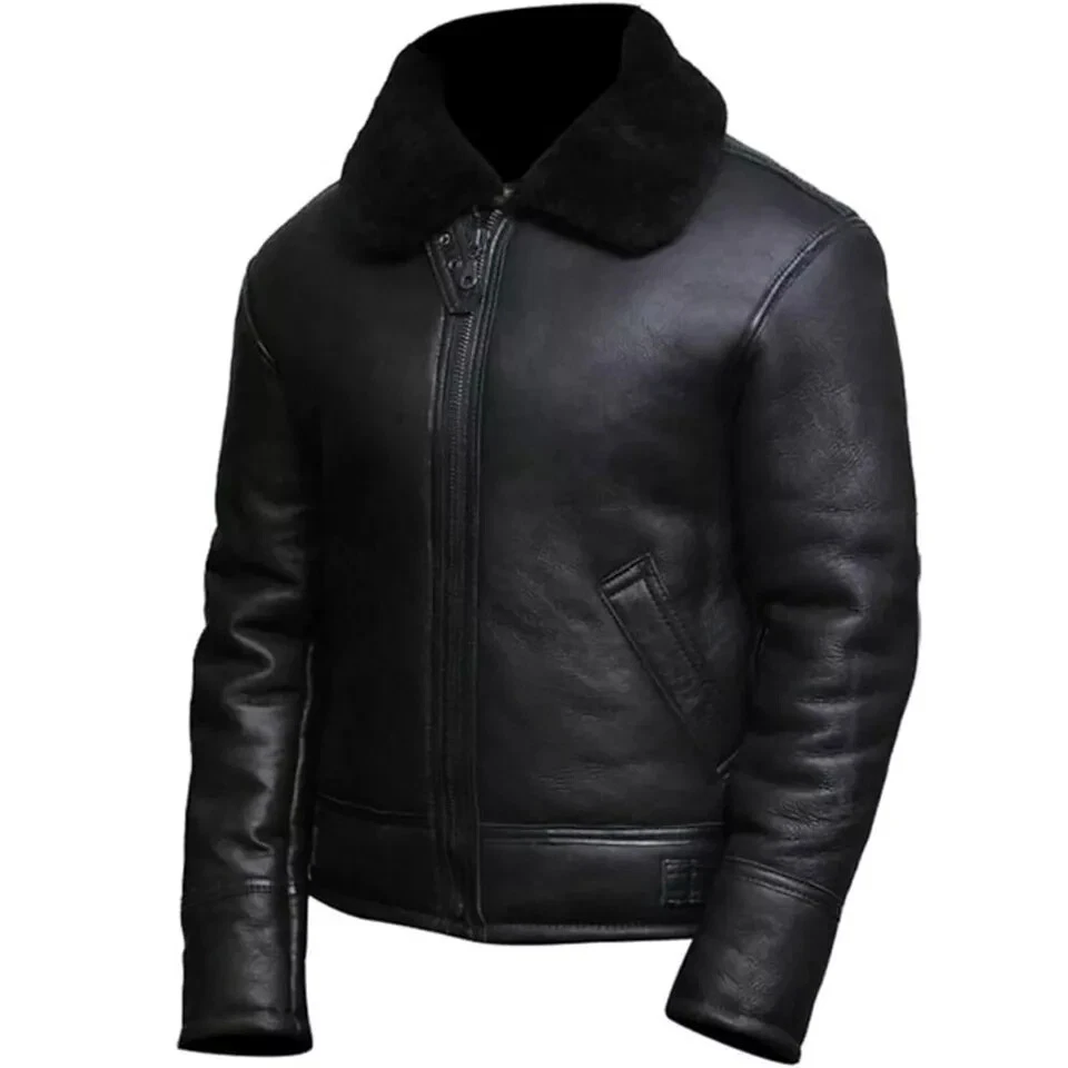 B3 RAF Black Bomber Flying Aviator Fur Irvin Real Leather Shearling Mens Jacket - Image 3 of 4