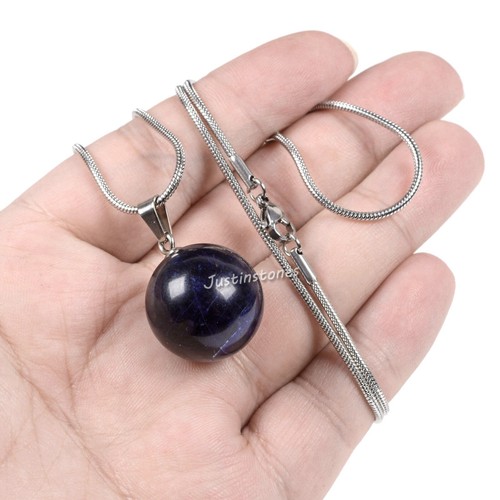 20mm Gemstone Carved Round Ball Pendant Necklace 22" - Picture 160 of 173
