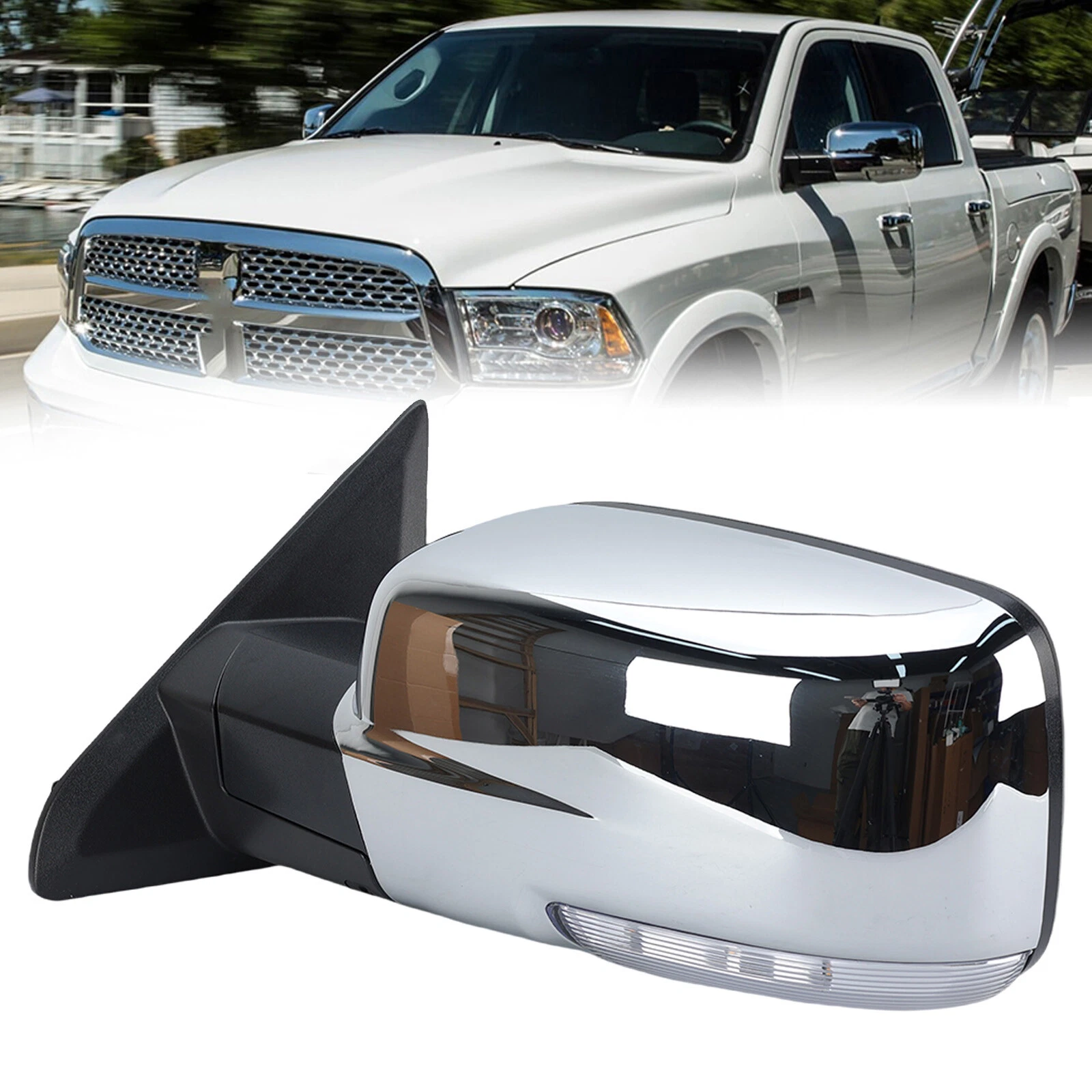 Driver Power Mirror For Ram 1500 2500 3500 2013-2018 Heated Chrome Puddle Light