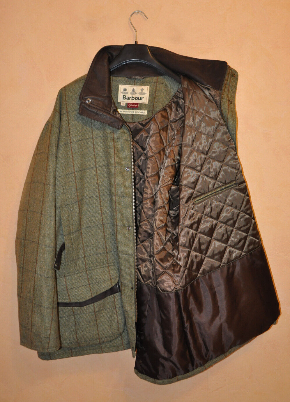 Barbour Sporting Men's Olive Check Wool Tweed Jacket Coat Leather Trim Size XXL image 10