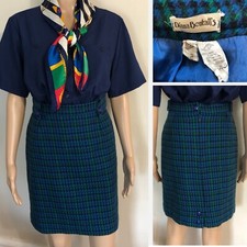 vtg 60s Green Blue Houndstooth Wool Pencil Skirt Sz 42 Italy Sz 6 US Lined
