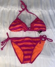 Hurley 2 Piece Swimsuit Striped Tri Bikini Top String Tie Bottom M Pink B2