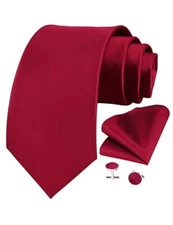  Solid Color Formal Necktie and Pocket Square Cufflinks Sets for Men + Gift Red