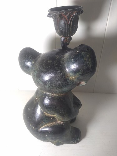 Metal Bronze Baby Elephant Trunk Up Candle Holder Good Luck - Picture 3 of 9