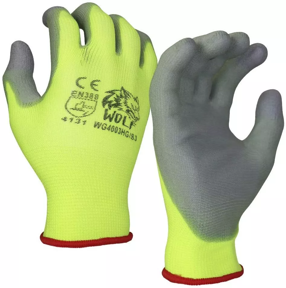 WOLF Work Gloves High-Viz Green Ultra-Thin PU Palm Coated Multi-Purpose 12  Pairs