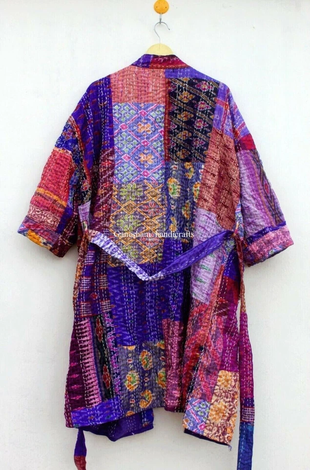 Silk patchwork handmade kantha jacket japanese kimono style kantha robe winter - Image 4 of 4