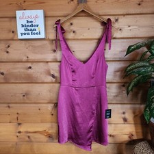 Lulus NWT Pink Fuschia Satin Fit Flare Faux Wrap Dress Deep VNeck Tie Strap Sz M