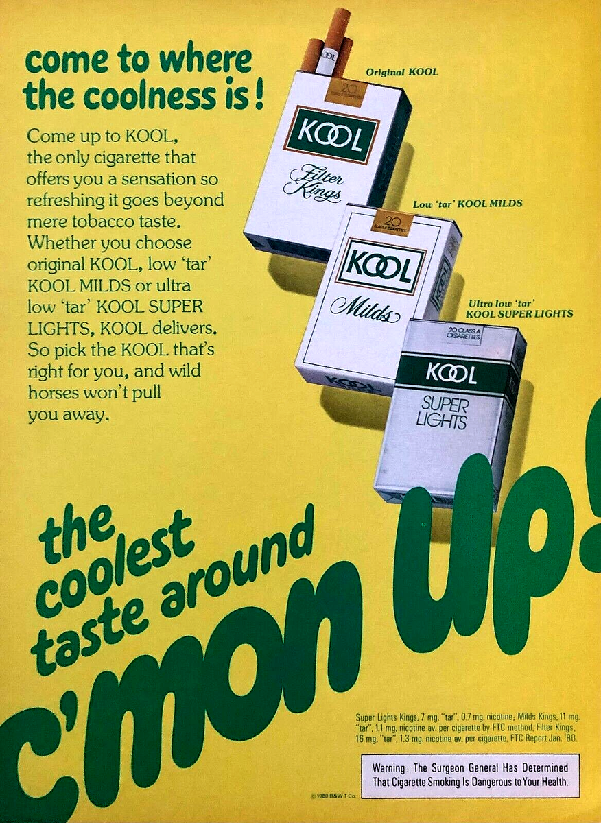 are kool cigarettes menthol KOOL MENTHOL CIGARETTES—VINTAGE 1980 MAGAZINE ADVERTISEMENT—ORIGINAL PRINT  AD