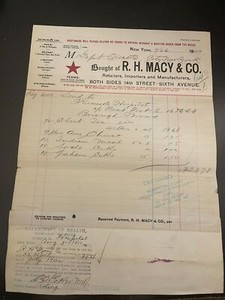 R.H. Macy's & Co. Department Store Receipt From 1900 For Riverside Hospital