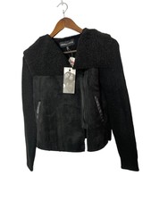 Kendall Kylie Xs Black Assymetrical Knit And Suede, Faux Sherpa Lined Jacket