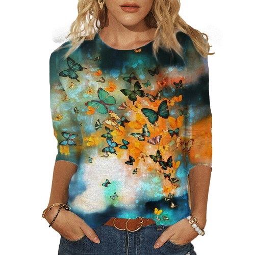 Women 3/4 Sleeve Floral Print Pullover T-shirt Top Casual Loose Crew Neck Blouse - Picture 11 of 23