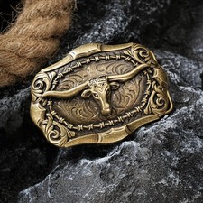 Western Belt Buckle Brass Longhorn Steer Scalloped Rope Scroll Cowboy Rodeo Men