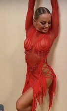 Latin Rhythm Dance Competition Dress US Size XS-S Red Designer Dance Costume