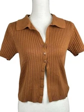 West of Melrose Cropped Knit Brown Top M Festival 70's Boho Short Sleeve