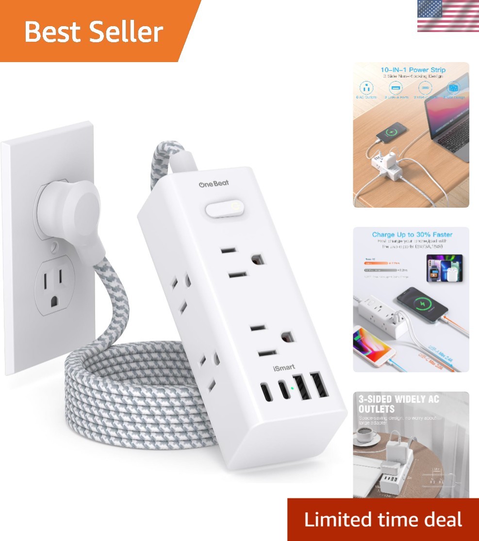 Compact Power Strip Surge Protector with 6 Outlets & Smart USB Ports for Travel