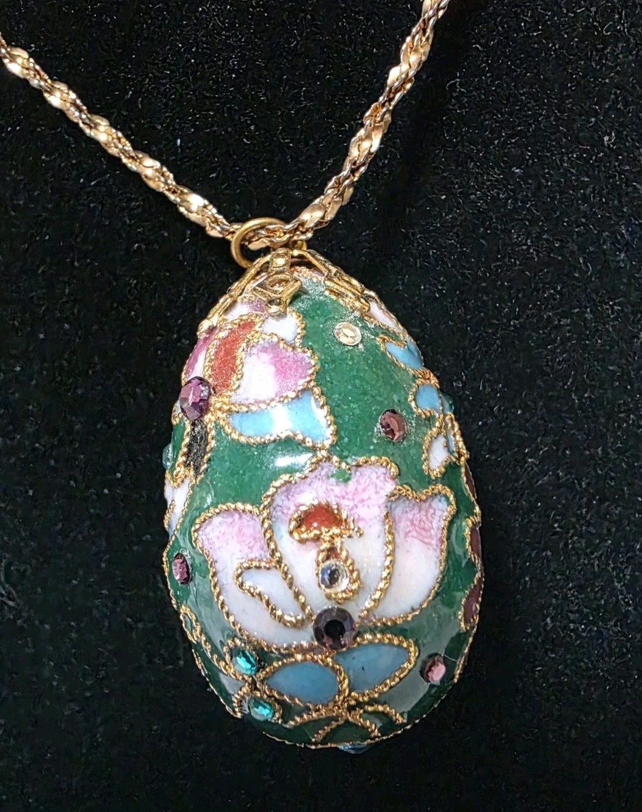 Cloisonne Enamel Egg Green Background  Purplish Floral Rhinestone Necklace  #961 View 3