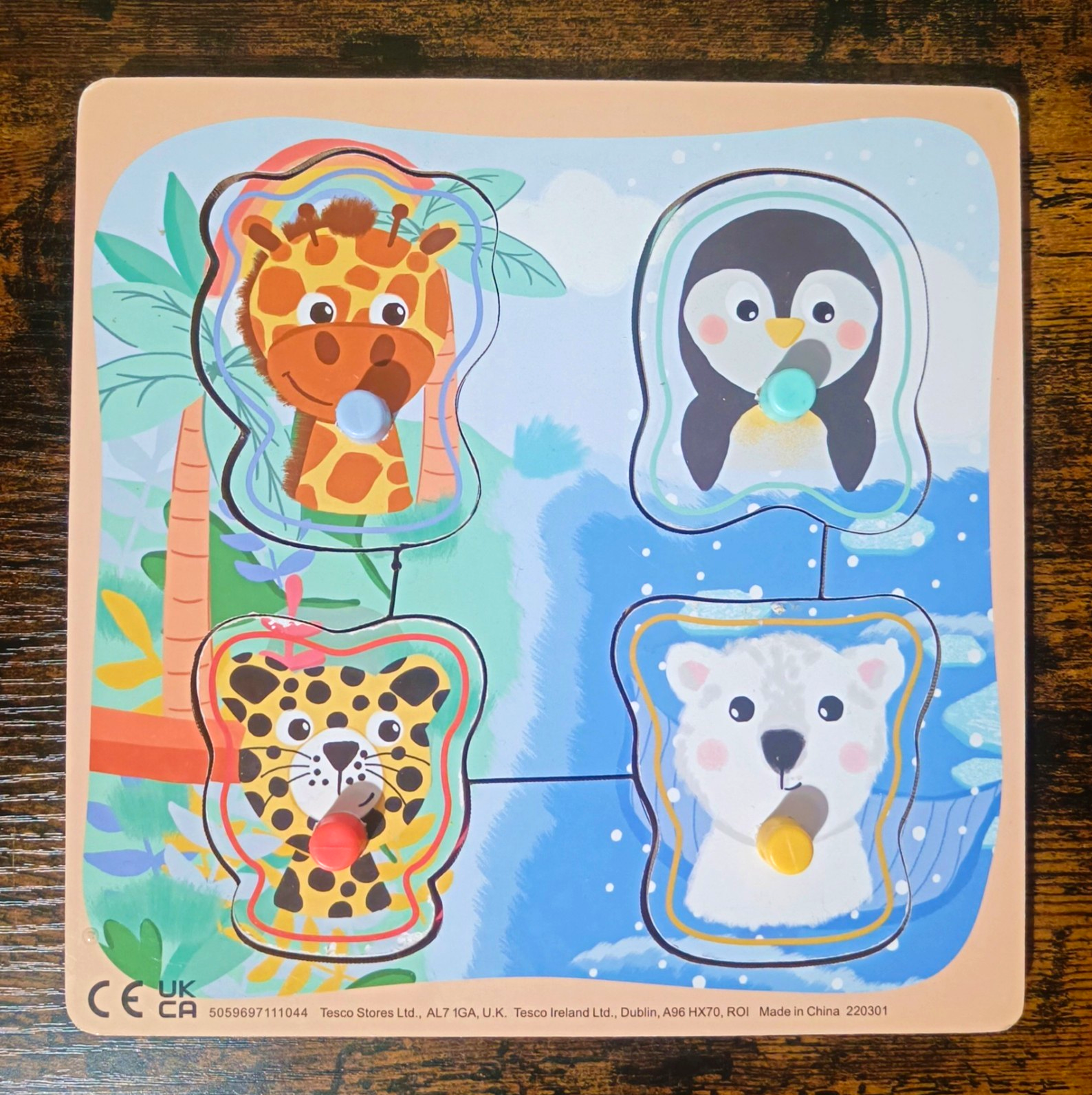 Wooden Peg Puzzle Board Animal Shapes Baby toddler Montessori learning toy